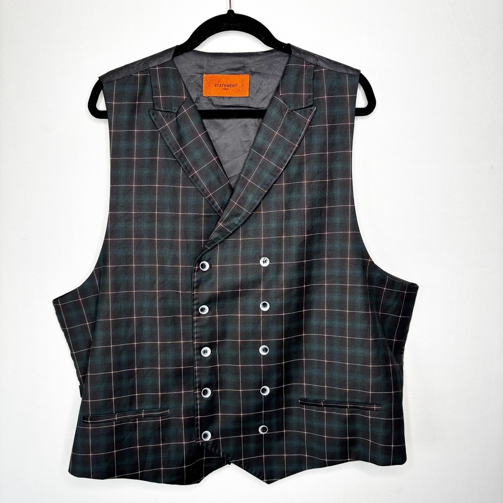Statement Italy Mens 48R Double Breasted Suit Vest Waist Coat Plaid Green Black